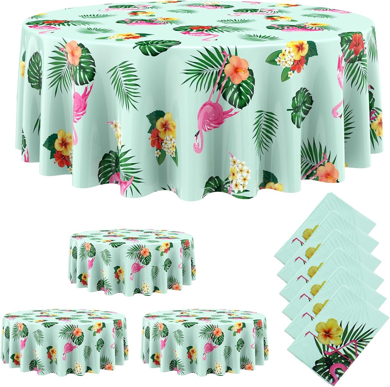 6 PcsFlamingo Hawaiian Tablecloth 84 Inch Luau Tropical Flower Round Table Cloth(Green)
